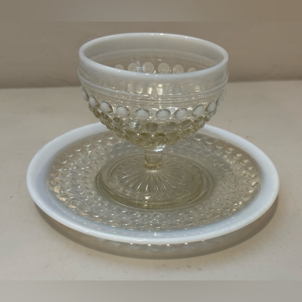 Anchor‎ Hocking Set Hobnail Opalescent Moonstone Dessert Footed Dish W/ Plate